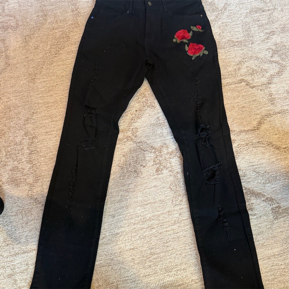 Men's Skinny Jeans Black Distressed Ripped Knee Rose Embroidered 32x32